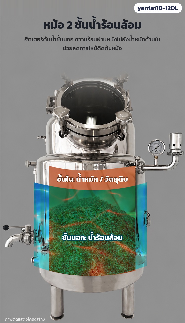 เครื่องกลั่นไฟฟ้า 120 ลิตร หอกลั่นแก้ว 4 ชั้น yantai18-120L – หม้อ 2 ชั้นน้ำร้อนล้อม (Water Bath): ฮีตเตอร์ต้มน้ำชั้นนอก ความร้อนผ่านผนังไปยังน้ำหมักด้านใน ช่วยลดการไหม้ติดก้นหม้อ