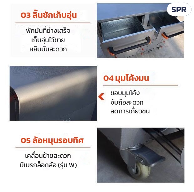 เตาย่างมันเทศ เตาเผามันหวาน SPR – รายละเอียดสินค้า: ลิ้นชักเก็บอุ่น มุมโค้งมน ล้อหมุนรอบทิศมีเบรก (รุ่น W)