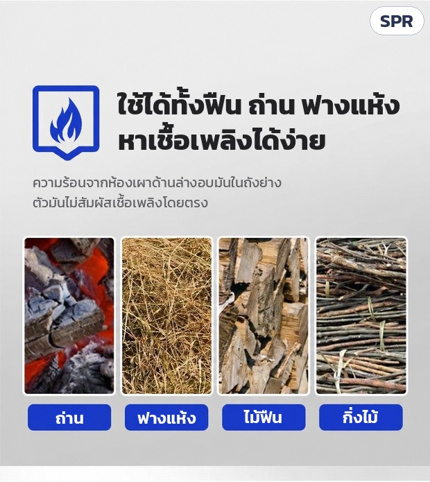 เตาย่างมันเทศ เตาเผามันหวาน SPR – ใช้ได้ทั้งฟืน ถ่าน ฟางแห้ง กิ่งไม้ ความร้อนจากห้องเผาด้านล่างอบมันในถังย่าง ตัวมันไม่สัมผัสเชื้อเพลิง