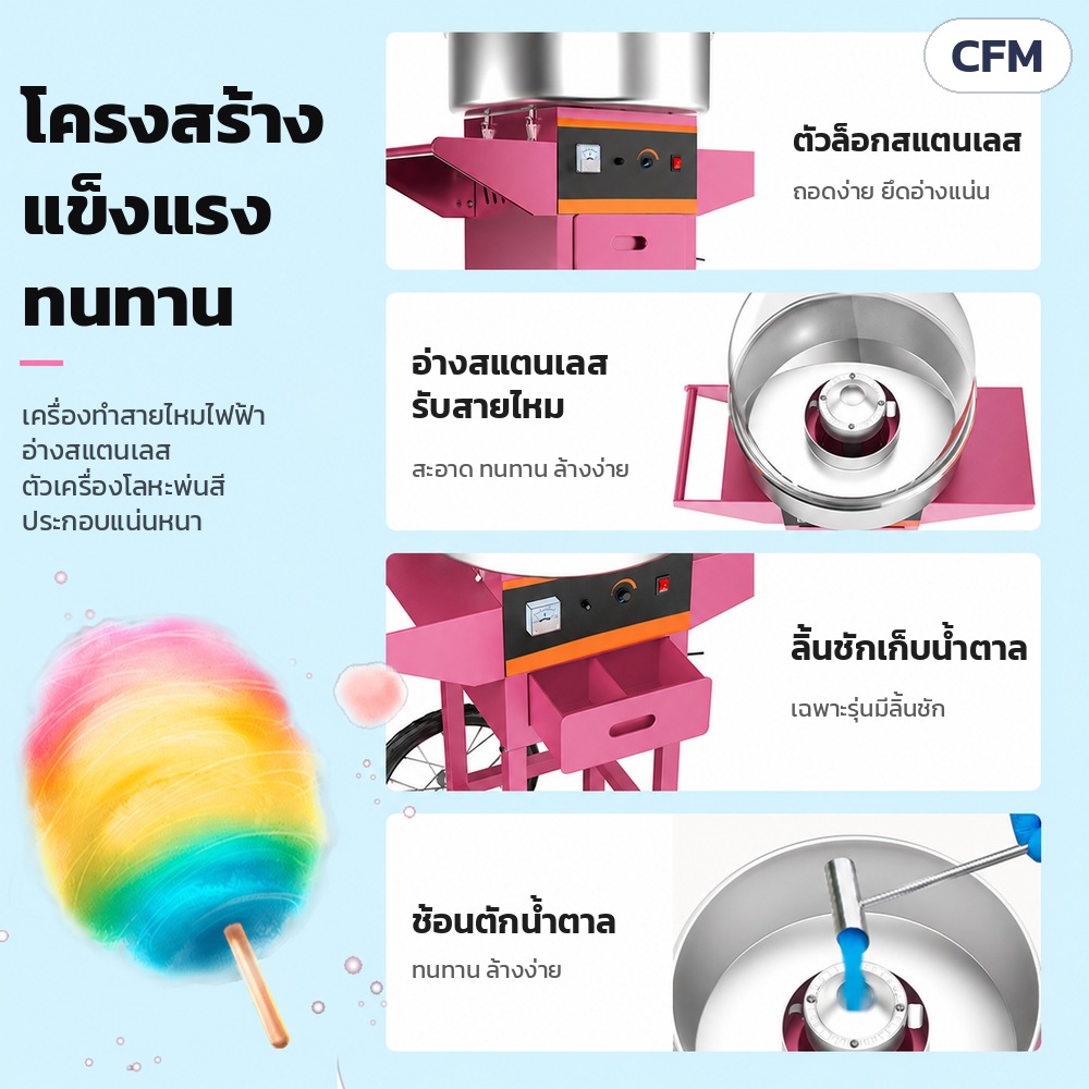เครื่องทำสายไหม อ่างสแตนเลส CFM – โครงสร้างแข็งแรง: ตัวล็อกสแตนเลส อ่างสแตนเลสรับสายไหม ลิ้นชักเก็บน้ำตาล (เฉพาะรุ่นมีลิ้นชัก) ช้อนตักน้ำตาล
