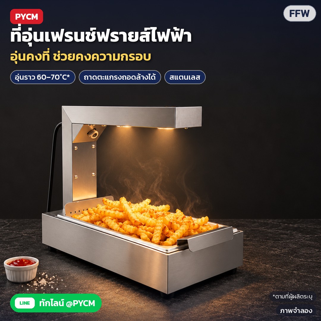 ที่อุ่นเฟรนช์ฟรายส์ / ตู้อุ่นของทอด สแตนเลส FFW – ภาพจำลอง: ที่อุ่นเฟรนช์ฟรายส์แบบแขนยื่นโคมไฟ สแตนเลส ถาดตะแกรงถอดล้างได้ พักของทอดที่สุกแล้วให้อุ่น ผู้ผลิตระบุอุ่นราว 60–70°C…