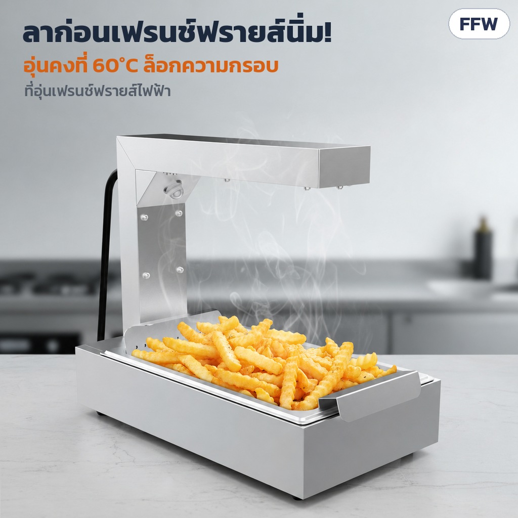 ที่อุ่นเฟรนช์ฟรายส์ / ตู้อุ่นของทอด สแตนเลส FFW – ที่อุ่นเฟรนช์ฟรายส์ไฟฟ้า อุ่นคงที่ 60°C ล็อกความกรอบ (ภาพแบบแขนยื่นโคมไฟ สีขาว-เงิน)
