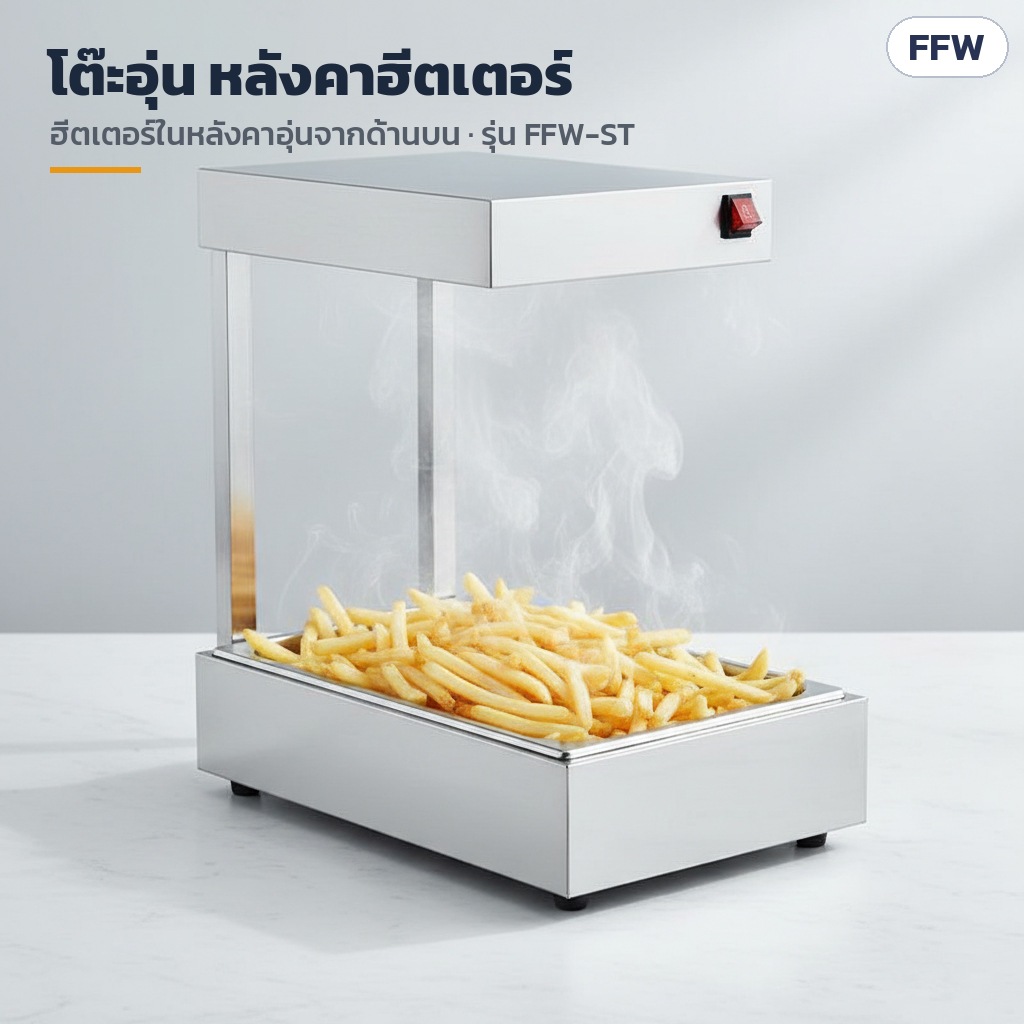 ที่อุ่นเฟรนช์ฟรายส์ / ตู้อุ่นของทอด สแตนเลส FFW – โต๊ะอุ่นแบบหลังคาฮีตเตอร์บนเสา 2 ต้น ฮีตเตอร์ในหลังคาอุ่นจากด้านบน (FFW-ST)