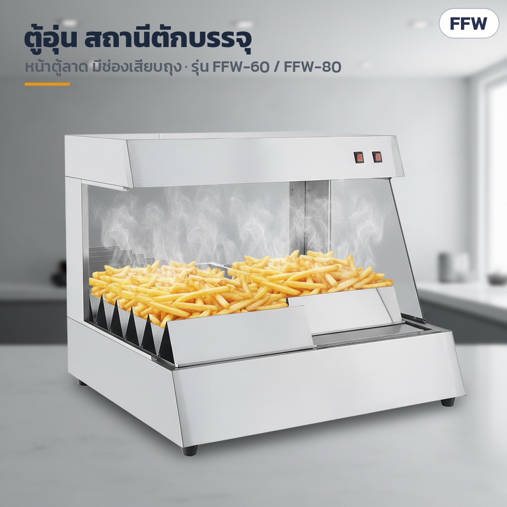 ที่อุ่นเฟรนช์ฟรายส์ / ตู้อุ่นของทอด สแตนเลส FFW – ตู้อุ่นแบบสถานีตักบรรจุ หน้าตู้ลาด มีช่องเสียบถุงด้านหน้า (FFW-60 / FFW-80 หน้าตาเหมือนกัน ต่างที่ความกว้าง)
