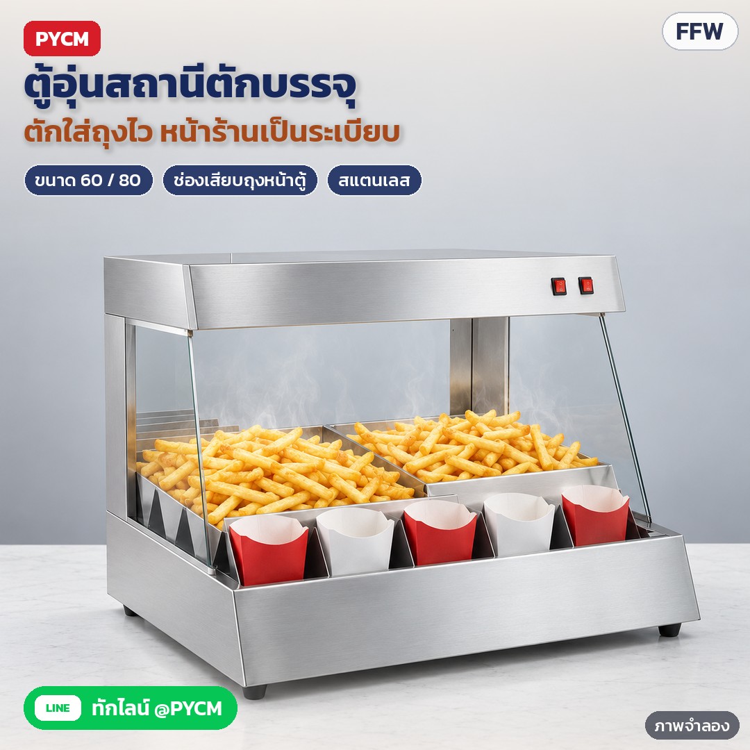 ที่อุ่นเฟรนช์ฟรายส์ / ตู้อุ่นของทอด สแตนเลส FFW – ภาพจำลอง: ตู้อุ่นสถานีตักบรรจุสแตนเลส หน้าตู้ลาด มีช่องเสียบถุงเฟรนช์ฟรายส์หน้าตู้ ตักใส่ถุงได้ไว หน้าร้านเป็นระเบียบ มีขนาด 60 และ 80…