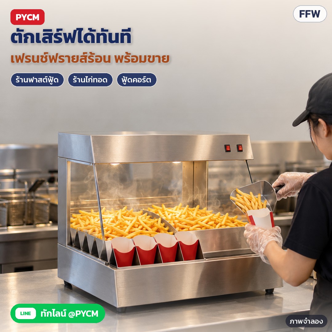 ที่อุ่นเฟรนช์ฟรายส์ / ตู้อุ่นของทอด สแตนเลส FFW – ภาพจำลอง: ใช้ในร้านฟาสต์ฟู้ด ร้านไก่ทอด ฟู้ดคอร์ต พักเฟรนช์ฟรายส์ที่ทอดเสร็จไว้ในตู้อุ่นสถานีตัก แล้วตักใส่กล่องเสิร์ฟลูกค้าได้ทันที