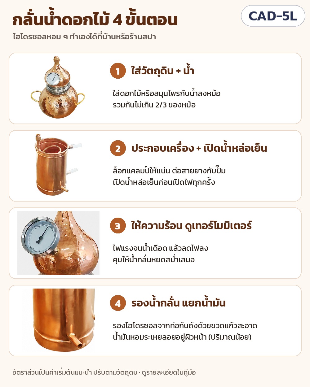 เครื่องกลั่นทองแดง Alembic 5 ลิตร รุ่น CAD-5L – กลั่นน้ำดอกไม้ 4 ขั้นตอน: ใส่วัตถุดิบกับน้ำไม่เกิน 2/3 หม้อ ประกอบและเปิดน้ำหล่อเย็น ให้ความร้อนดูเทอร์โมมิเตอร์ รองน้ำกลั่นแยกน้ำมัน