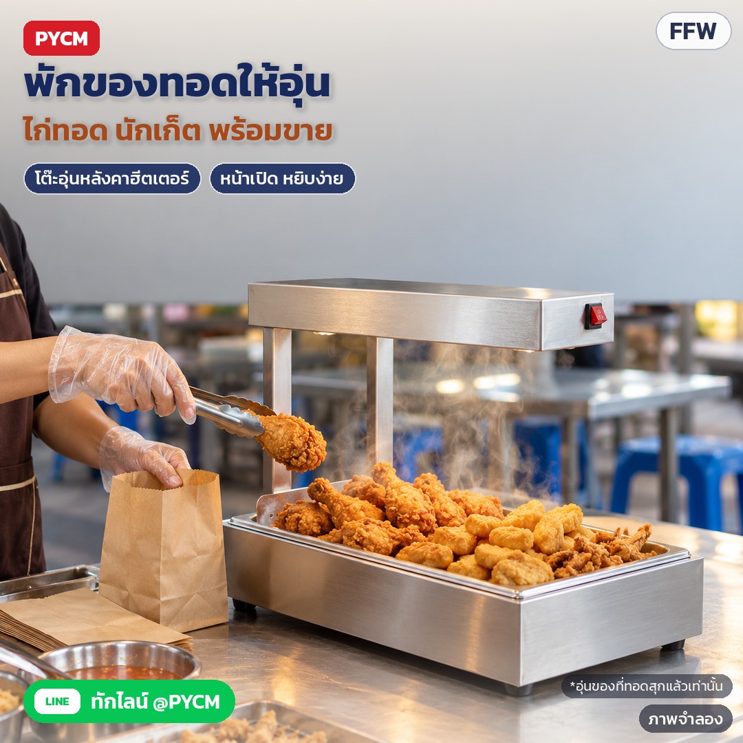 ที่อุ่นเฟรนช์ฟรายส์ / ตู้อุ่นของทอด สแตนเลส FFW – ภาพจำลอง: โต๊ะอุ่นหลังคาฮีตเตอร์บนเสา 2 ต้น หน้าเปิด หยิบง่าย พักไก่ทอด นักเก็ต ที่ทอดสุกแล้วให้อุ่นพร้อมขาย (ใช้อุ่นเท่านั้น…