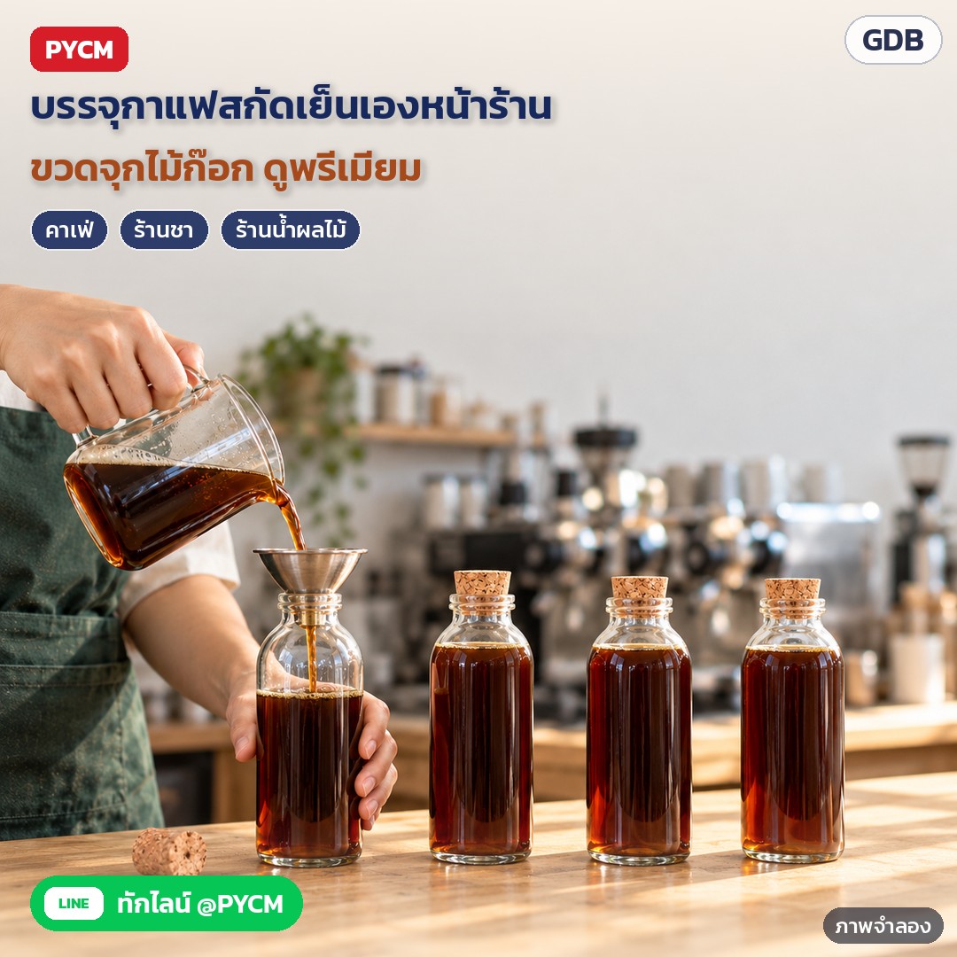 ขวดแก้วใสใส่เครื่องดื่ม 250–500 มล. 8 ทรง GDB – ภาพจำลองด้วย AI (ภาพประกอบ ไม่ใช่ภาพถ่ายจริง): บาริสต้าบรรจุกาแฟสกัดเย็นลงขวดแก้วใสแล้วปิดด้วยจุกไม้ก๊อก เหมาะกับคาเฟ่ ร้านชา และร้านน้ำผลไม้ที่ทำเมนูขวด