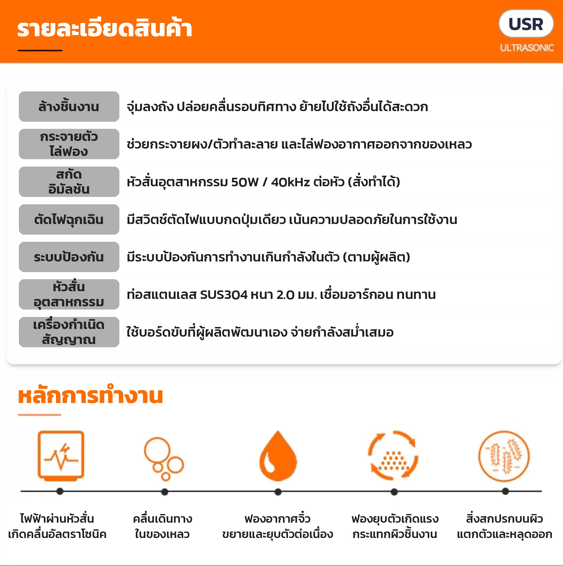 แท่งอัลตราโซนิคแบบจุ่ม 150–1050W USR-GH – รายละเอียดสินค้า: ท่อสแตนเลส SUS304 หนา 2.0 มม. หัวสั่น 50W/40kHz ต่อหัว และหลักการทำงานของคลื่นอัลตราโซนิคในของเหลว