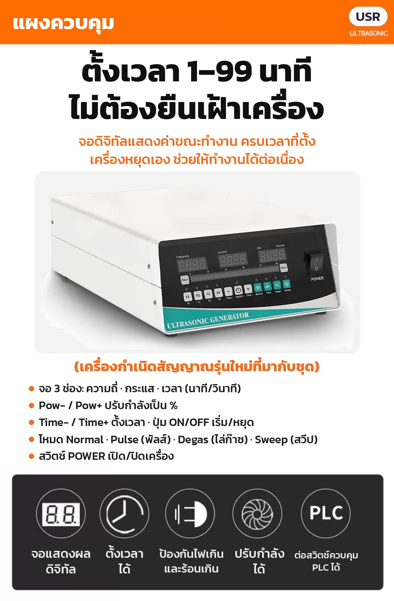 แท่งอัลตราโซนิคแบบจุ่ม 150–1050W USR-GH – แผงควบคุม: ตั้งเวลา 1–99 นาที จอดิจิทัล ปรับกำลังได้ โหมดพัลส์/ไล่ก๊าซ/สวีป ป้องกันไฟเกินและร้อนเกิน ต่อสวิตช์ควบคุม PLC ได้