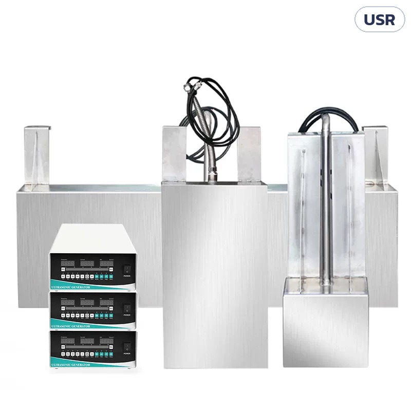 แท่งอัลตราโซนิคแบบจุ่ม 150–1050W USR-GH – ภาพตัวอย่างการติดตั้งในถังสแตนเลส พร้อมเครื่องกำเนิดสัญญาณ (ภาพจากผู้ผลิต)