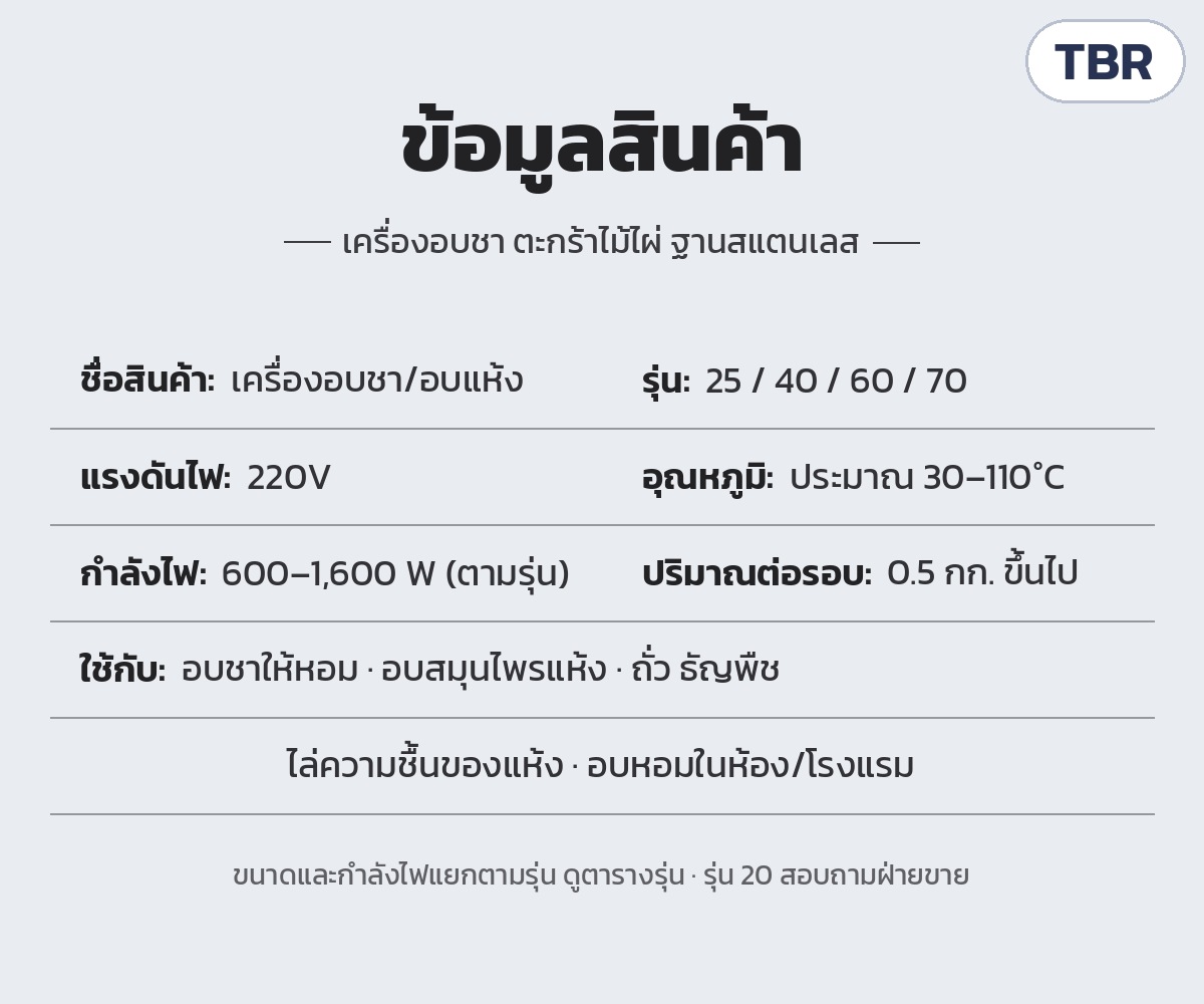 เครื่องอบชาตะกร้าไม้ไผ่ ฐานสแตนเลส TBR – ข้อมูลสินค้า: ไฟ 220V อุณหภูมิประมาณ 30–110°C กำลังไฟ 600–1,600 W ตามรุ่น