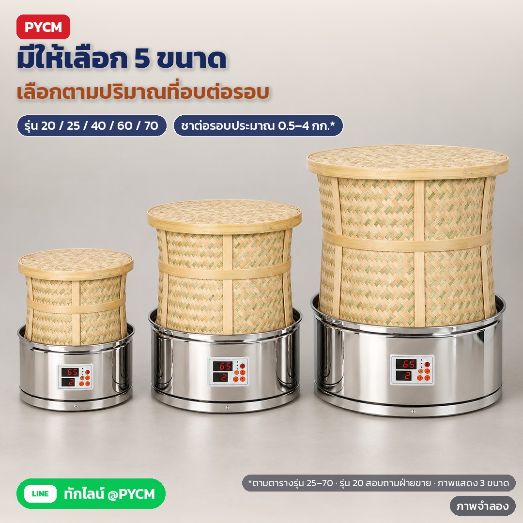 เครื่องอบชาตะกร้าไม้ไผ่ ฐานสแตนเลส TBR – ภาพจำลอง: เครื่องอบชาตะกร้าไม้ไผ่ มี 5 ขนาด รุ่น 20 / 25 / 40 / 60 / 70 รุ่น 25–70 อบชาได้ประมาณ 0.5–4 กก. ต่อรอบตามตารางผู้ผลิต ส่วนรุ่น 20…