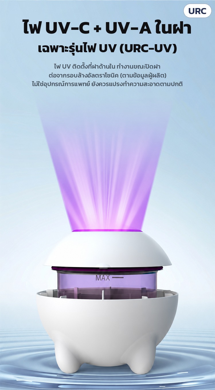 เครื่องล้างอัลตราโซนิค ล้างรีเทนเนอร์ 180 มล. URC – ไฟ UV-C + UV-A ในฝา เฉพาะรุ่นไฟ UV (URC-UV) ทำงานขณะปิดฝาต่อจากรอบล้าง (ตามข้อมูลผู้ผลิต) ไม่ใช่อุปกรณ์การแพทย์