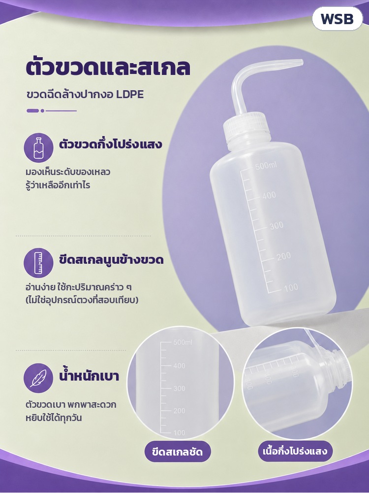 ขวดฉีดล้างปากงอ LDPE 150–1000 มล. WSB – ตัวขวดกึ่งโปร่งแสงเห็นระดับของเหลว ขีดสเกลนูนข้างขวดใช้กะปริมาณคร่าว ๆ น้ำหนักเบา
