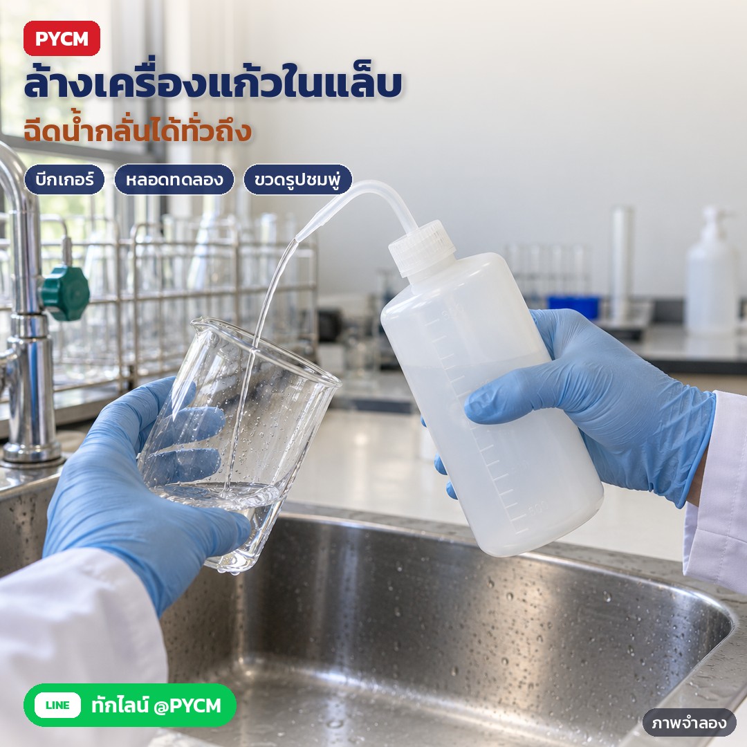ขวดฉีดล้างปากงอ LDPE 150–1000 มล. WSB – ภาพจำลองด้วย AI (ภาพประกอบ ไม่ใช่ภาพถ่ายจริง): ใช้ขวดฉีดล้างใส่น้ำกลั่น ฉีดล้างผนังบีกเกอร์และเครื่องแก้วในห้องแล็บ สวมถุงมือขณะทำงาน