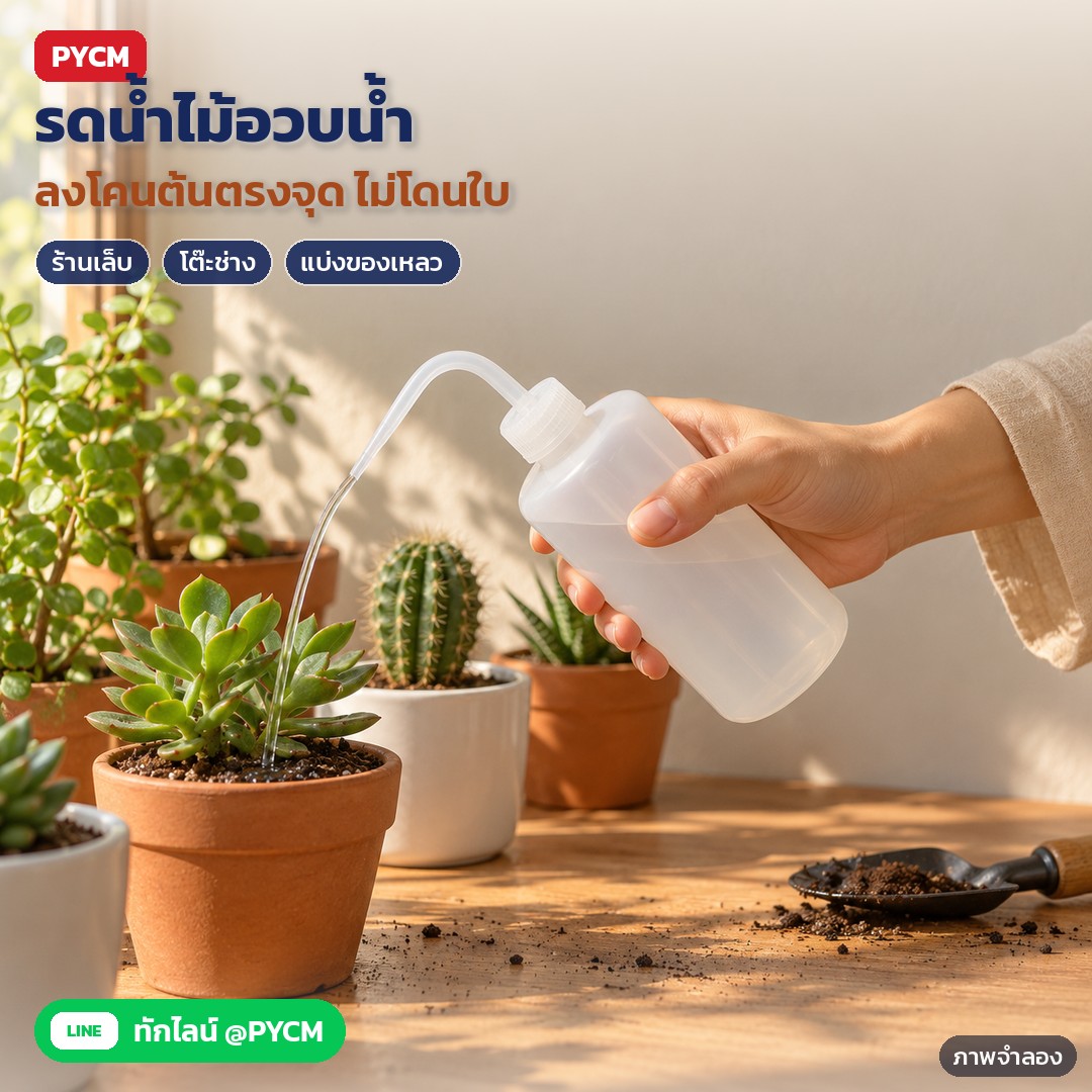 ขวดฉีดล้างปากงอ LDPE 150–1000 มล. WSB – ภาพจำลองด้วย AI (ภาพประกอบ ไม่ใช่ภาพถ่ายจริง): ใช้รดน้ำไม้อวบน้ำ/แคคตัสลงโคนต้นตรงจุด ไม่โดนใบ ใช้ได้ทั้งร้านเล็บ โต๊ะช่าง และงานแบ่งของเหลว