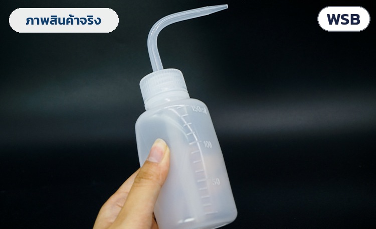 ขวดฉีดล้างปากงอ LDPE 150–1000 มล. WSB – ภาพสินค้าจริง ถือขวดฉีดล้างขนาด 150 มล. ในมือ