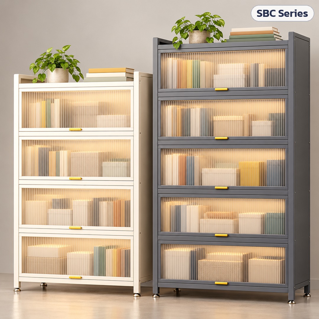 ตู้หนังสือเหล็ก บานเปิดขึ้น แผ่นโพลีคาร์บอเนต กันฝุ่น SBC Series 3–6 ชั้น ลึก 32 / 42 ซม. กว้าง 35–120 ซม. 2 สี เลือกได้ 134 แบบ