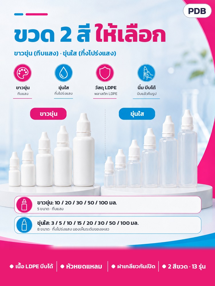 ขวดหยด LDPE ฝากันเปิด 3–100 มล. PDB – ขวด 2 สีให้เลือก: ขาวขุ่น 10/20/30/50/100 มล. · ขุ่นใส 3/5/10/15/20/30/50/100 มล.
