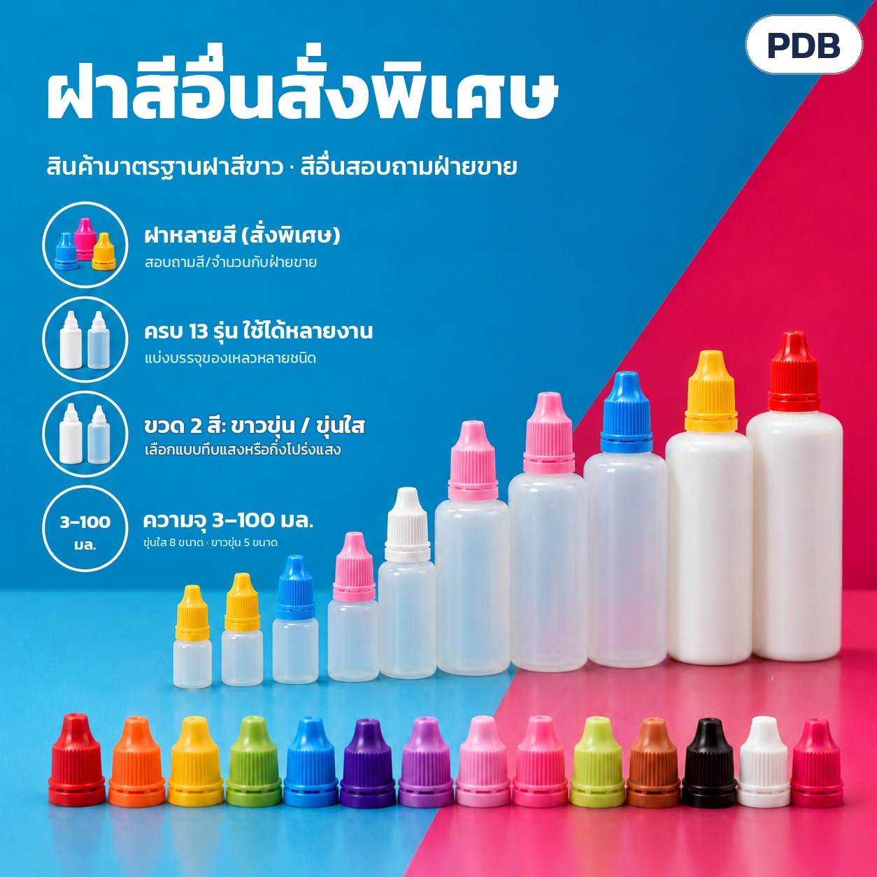 ขวดหยด LDPE ฝากันเปิด 3–100 มล. PDB – ฝาสีอื่นสั่งพิเศษ สินค้ามาตรฐานฝาสีขาว สีอื่นสอบถามฝ่ายขาย ความจุ 3–100 มล.