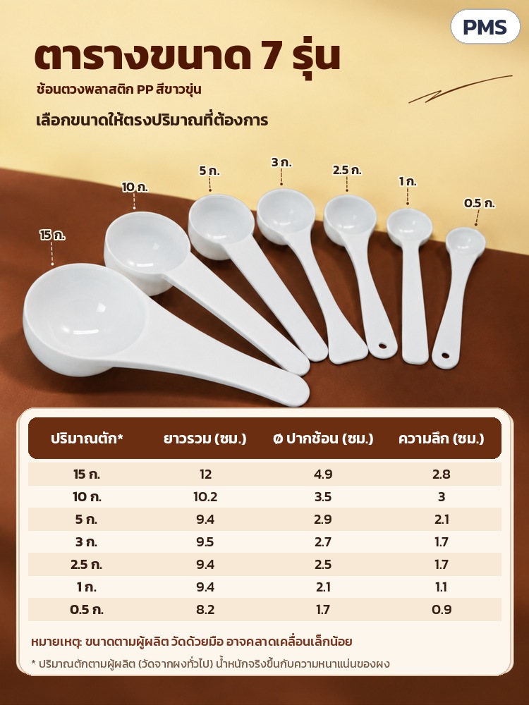 ช้อนตวง PP ด้ามยาว 0.5–15 กรัม PMS – ตารางขนาด 7 รุ่น: ปริมาณตัก ยาวรวม Ø ปากช้อน ความลึก (ตามผู้ผลิต วัดด้วยมือ)
