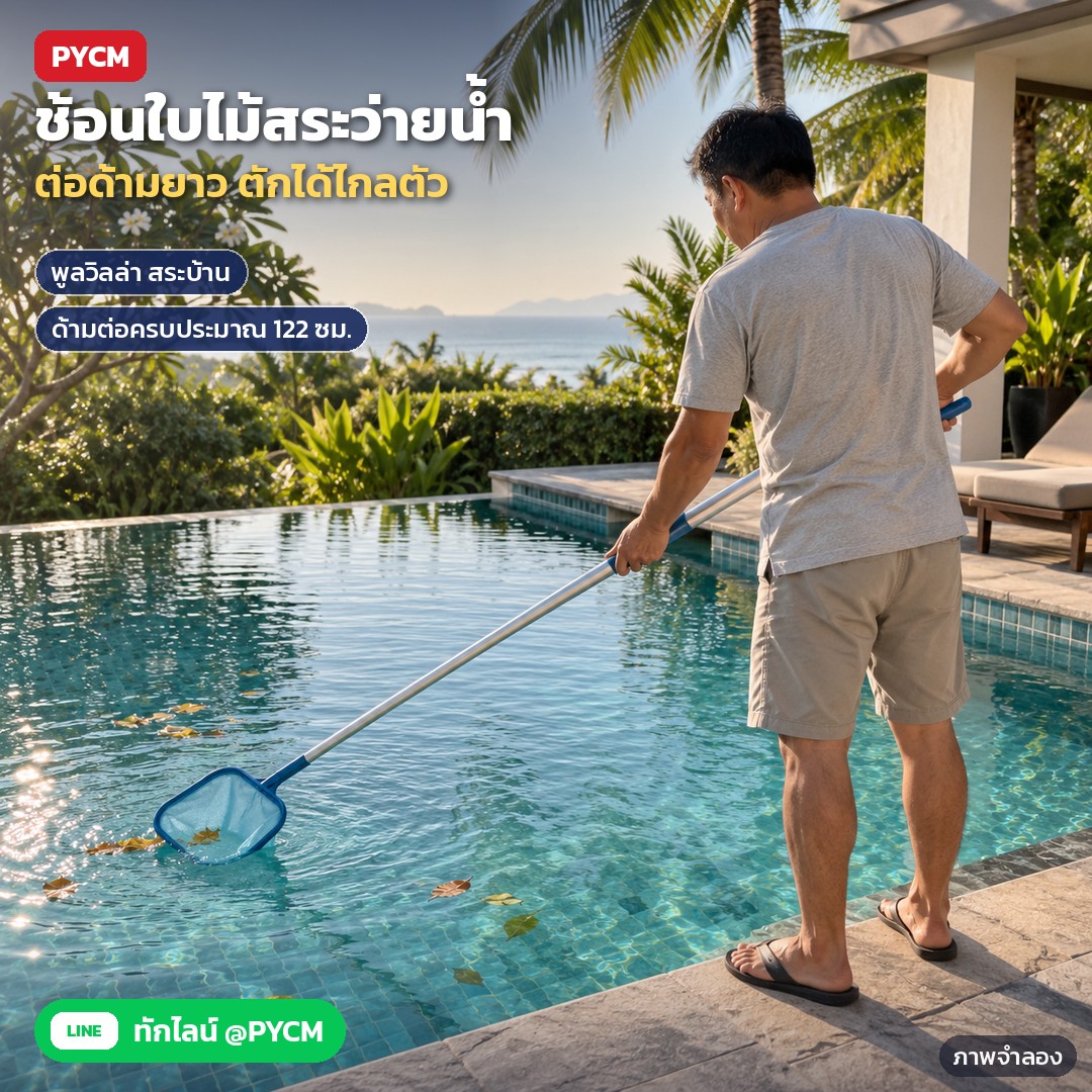 สวิงช้อนใบไม้สระว่ายน้ำ ด้ามอลูมิเนียม 5 ท่อน รุ่น PLN-122 – ภาพจำลองด้วย AI (ภาพประกอบ ไม่ใช่ภาพถ่ายจริง): ตัวอย่างการใช้งานที่พูลวิลล่าตอนเช้า ผู้ชายยืนขอบสระถือสวิงต่อด้ามยาวช้อนใบไม้ที่ลอยบนผิวน้ำ