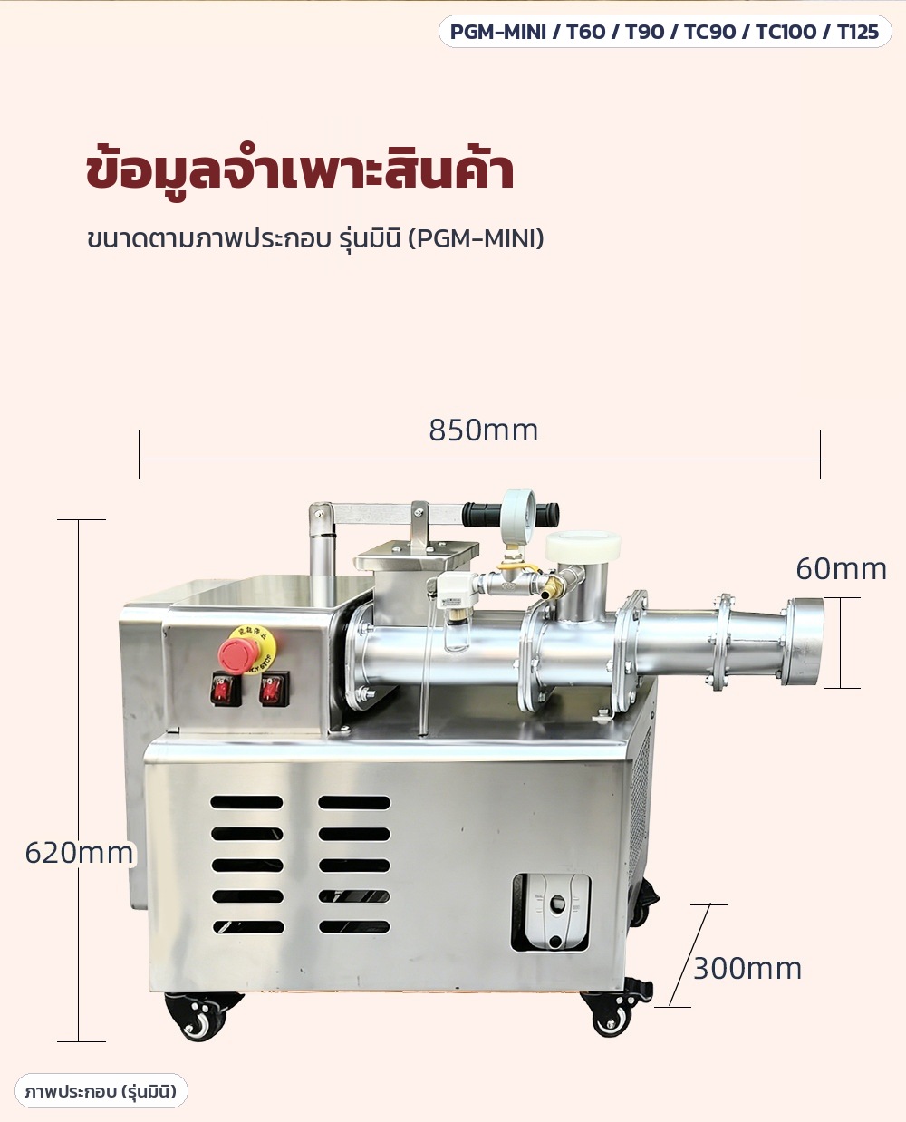 เครื่องรีดดินเซรามิกสุญญากาศ 2 แกน สแตนเลส (Pug Mill) 6 รุ่น – ขนาดรุ่นมินิ ยาว 850 สูง 620 กว้าง 300 มม. ปากออกดิน 60 มม. (ภาพประกอบรุ่นมินิ)