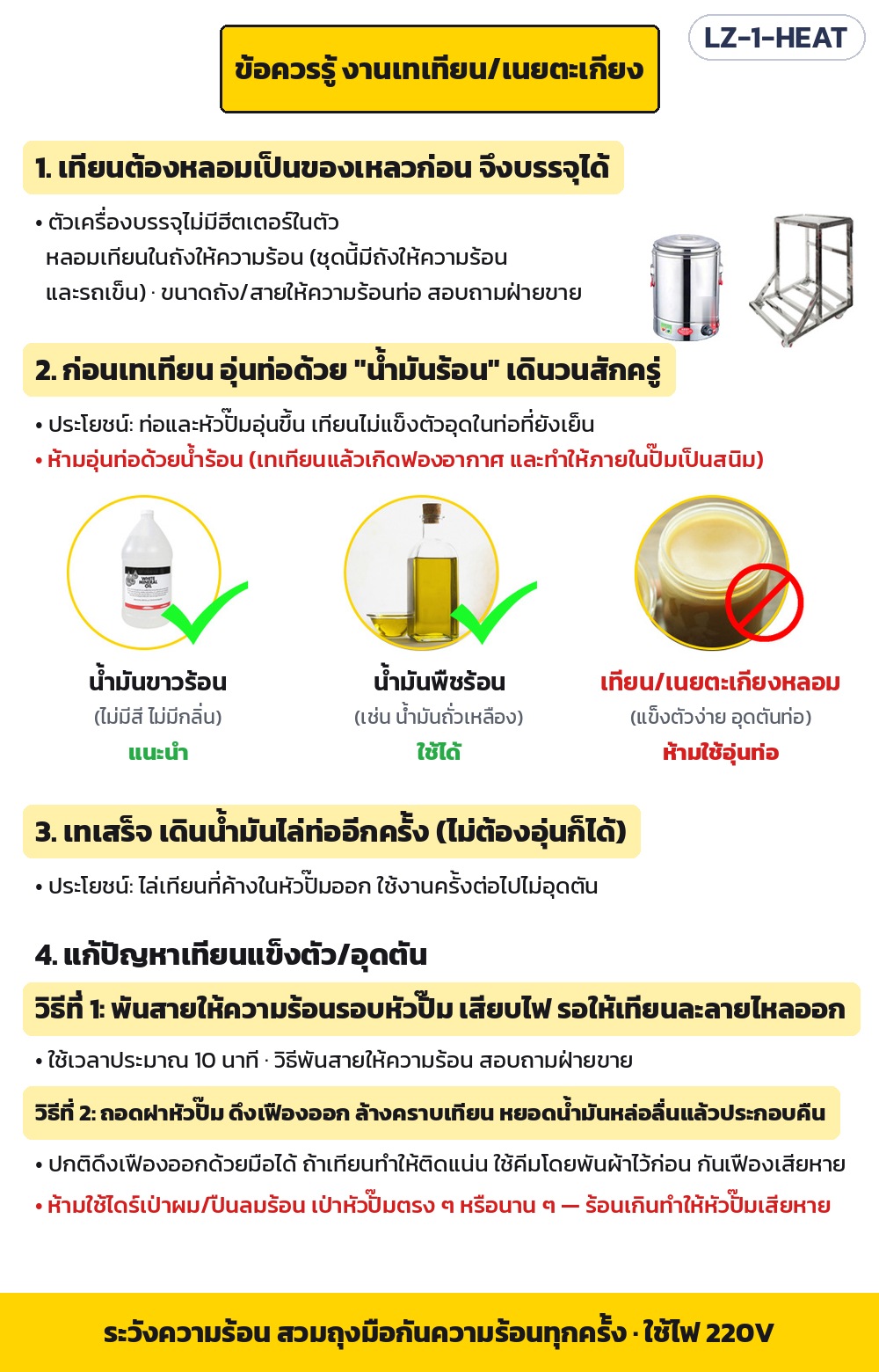 เครื่องบรรจุเทียนหอม ปั๊มเฟือง + ถังให้ความร้อน รุ่น LZ-1-HEAT – ข้อควรรู้งานเทเทียน/เนยตะเกียง: หลอมเทียนในถังให้ความร้อนก่อน อุ่นท่อด้วยน้ำมันร้อน (ห้ามน้ำร้อน) เทเสร็จไล่ท่อด้วยน้ำมัน และวิธีแก้เทียนอุดตัน 2 วิธี