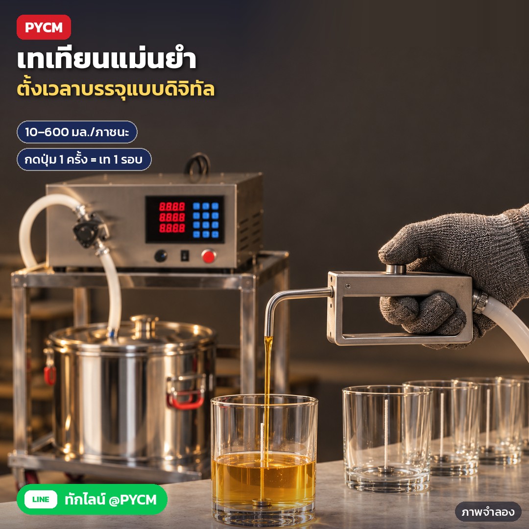 เครื่องบรรจุเทียนหอม ปั๊มเฟือง + ถังให้ความร้อน รุ่น LZ-1-HEAT – ภาพจำลองด้วย AI (ภาพประกอบ ไม่ใช่ภาพถ่ายจริง): หัวเทโลหะทรงตัว L กำลังเทขี้ผึ้งหลอมสีอำพันลงแก้วเทียน ด้านหลังเป็นตัวเครื่องบรรจุและถังให้ความร้อน