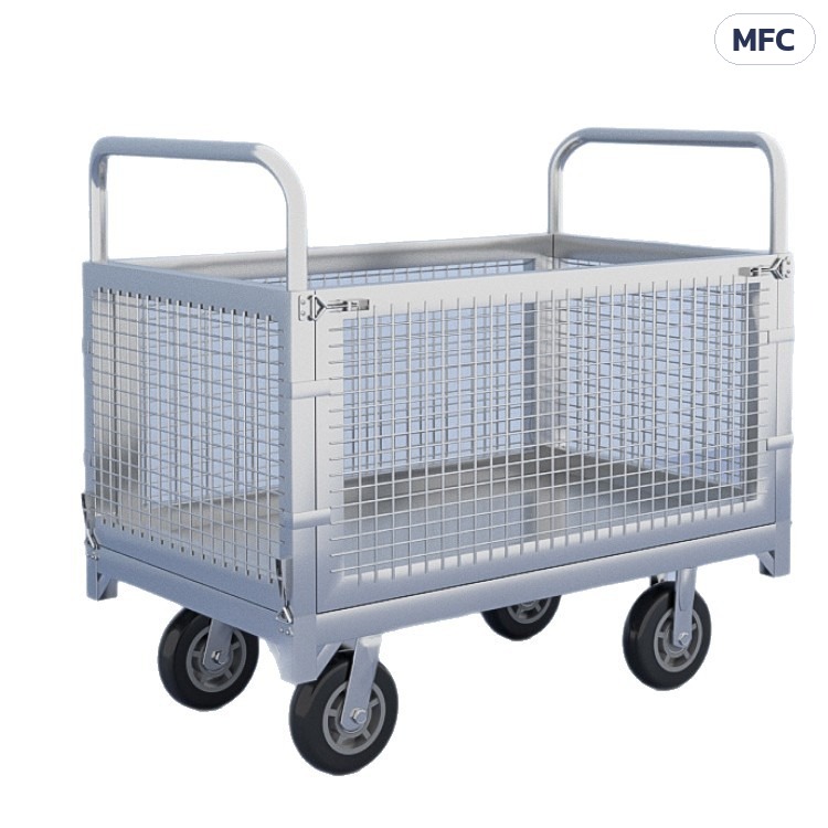 รถเข็นราวตาข่ายเหล็ก ถอดประกอบได้ 6 ขนาด MFC – รถเข็นราวตาข่ายเหล็ก พื้นเหล็กสีเงิน ด้ามจับ 2 ด้าน ราวตาข่ายรอบ 4 ด้าน ล้อ 4 ล้อ