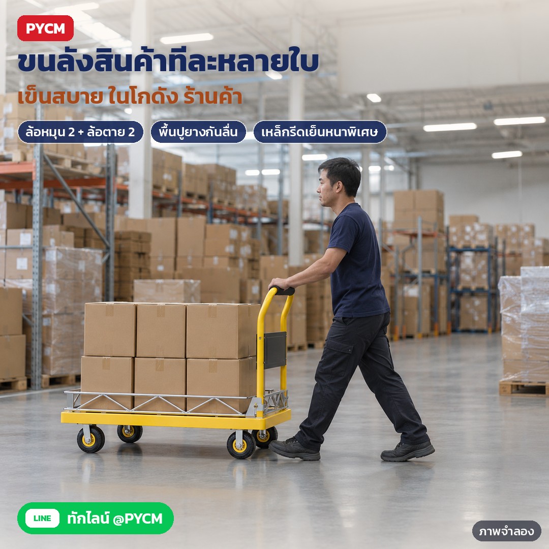 รถเข็นของพื้นเหล็กพับได้ 4 ล้อ 3 ขนาด 5 สี FPT – ภาพจำลองด้วย AI (ภาพประกอบ ไม่ใช่ภาพถ่ายจริง): พนักงานเข็นรถเข็นพื้นเหล็กรุ่นมีราวกั้น บรรทุกลังกระดาษในโกดังบนพื้นเรียบ (บรรทุกไม่เกินพิกัดตามขนาดพื้น 200/400/500 กก.)