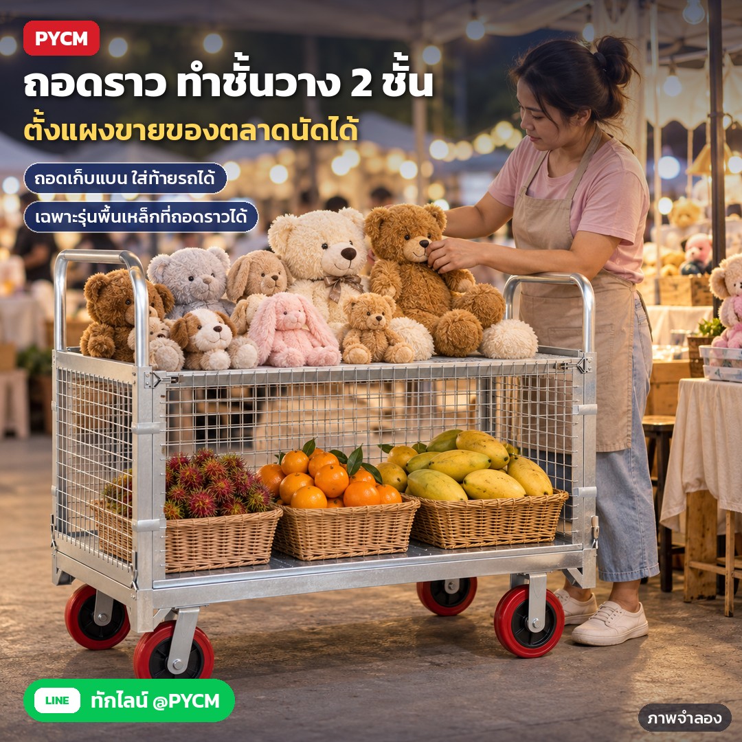 รถเข็นราวตาข่ายเหล็ก ถอดประกอบได้ 6 ขนาด MFC – ภาพจำลองด้วย AI (ภาพประกอบ ไม่ใช่ภาพถ่ายจริง): ถอดราวตาข่ายวางพาดเป็นชั้นวาง 2 ชั้น ตั้งแผงขายของที่ตลาดนัด (ทำได้เฉพาะรุ่นพื้นเหล็กที่ถอดราวได้ ไม่รวมรุ่นพื้น PP และรุ่น FX/FXS)
