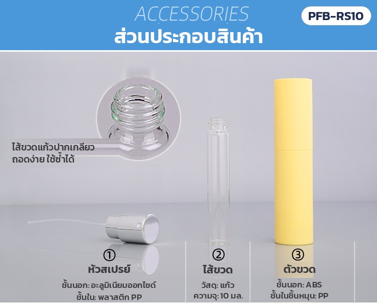 ขวดสเปรย์น้ำหอมพกพา แบบหมุน 10 มล. 10 สี หัวเงิน/ทอง PFB-RS10 – ส่วนประกอบ 3 ชิ้น: หัวสเปรย์ (ชั้นนอกอะลูมิเนียมออกไซด์ ชั้นใน PP) ไส้ขวดแก้ว 10 มล. และตัวขวด ABS