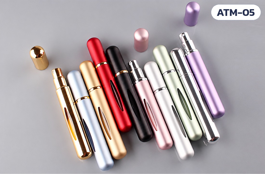 ขวดสเปรย์น้ำหอมพกพา 5 มล. ตัวอะลูมิเนียม ไส้แก้ว 10 สี ATM – ขวดสเปรย์ 10 สี วางสลับเรียงเฉียง พร้อมฝาและหัวสเปรย์ (ชุดที่ 1)
