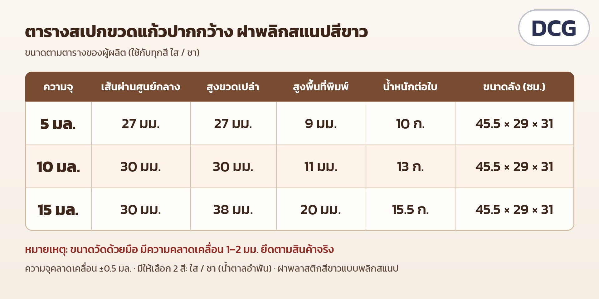 ขวดแก้วฝาพลิกสแนป 5/10/15 มล. ใส/ชา DCG – ตารางสเปก 5 / 10 / 15 มล.: Ø27/30/30 มม. สูงขวดเปล่า 27/30/38 มม. สูงพื้นที่พิมพ์ 9/11/20 มม. น้ำหนัก 10/13/15.5 ก. (วัดด้วยมือ คลาดเคลื่อน 1–2 มม.)