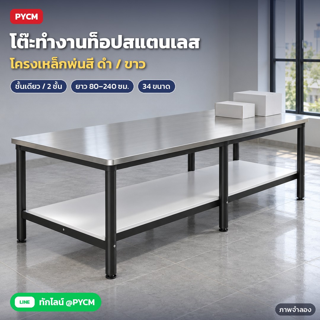 โต๊ะทำงานสแตนเลส โต๊ะแพ็คของ โต๊ะอเนกประสงค์ ท็อปสแตนเลส โครงเหล็กพ่นสีขาว/ดำ ชั้นเดียว / 2 ชั้น ยาว 80–240 ซม. รุ่น SWT (Stainless Top Workbench)