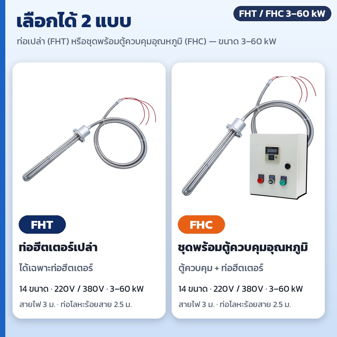 ท่อฮีตเตอร์จุ่มน้ำแบบหน้าแปลน สแตนเลส 304 รุ่น FHT / FHC – เลือกได้ 2 แบบ: FHT ท่อฮีตเตอร์เปล่า และ FHC ชุดพร้อมตู้ควบคุมอุณหภูมิ ทั้งสองแบบมี 14 ขนาด 3–60 kW