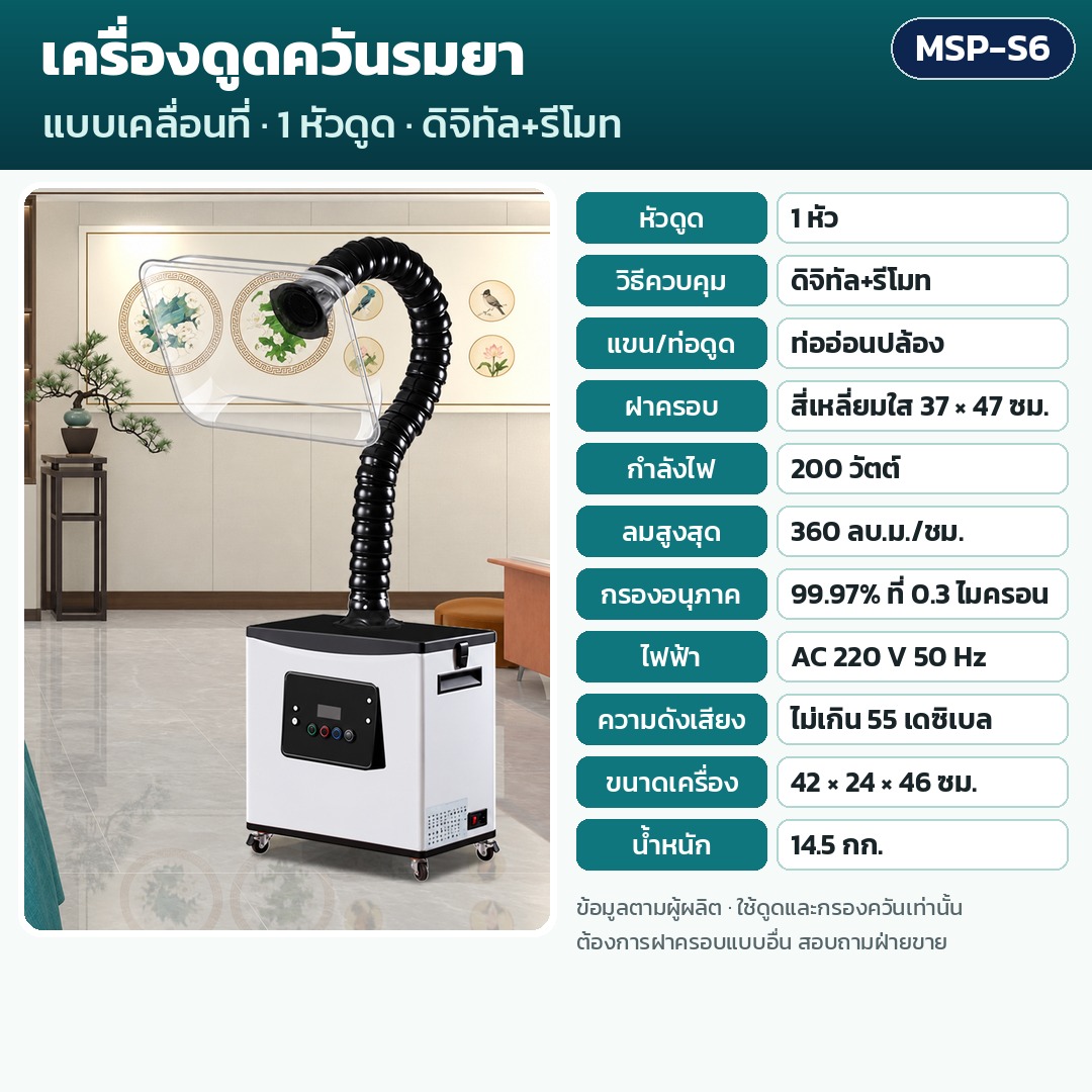 การ์ดรุ่น MSP-S6: เครื่องดูดควันรมยา 1 หัวดูด ควบคุมดิจิทัล+รีโมท ท่ออ่อนปล้อง ฝาครอบ 37×47 ซม. กำลัง 200 วัตต์ ลมสูงสุด 360 ลบ.ม./ชม. กรอง 99.97% น้ำหนัก 14.5 กก. ขนาด 42×24×46 ซม.