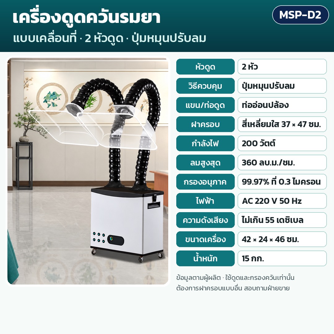 การ์ดรุ่น MSP-D2: เครื่องดูดควันรมยา 2 หัวดูด ควบคุมปุ่มหมุนปรับลม ท่ออ่อนปล้อง ฝาครอบ 37×47 ซม. กำลัง 200 วัตต์ ลมสูงสุด 360 ลบ.ม./ชม. กรอง 99.97% น้ำหนัก 15 กก. ขนาด 42×24×46 ซม.