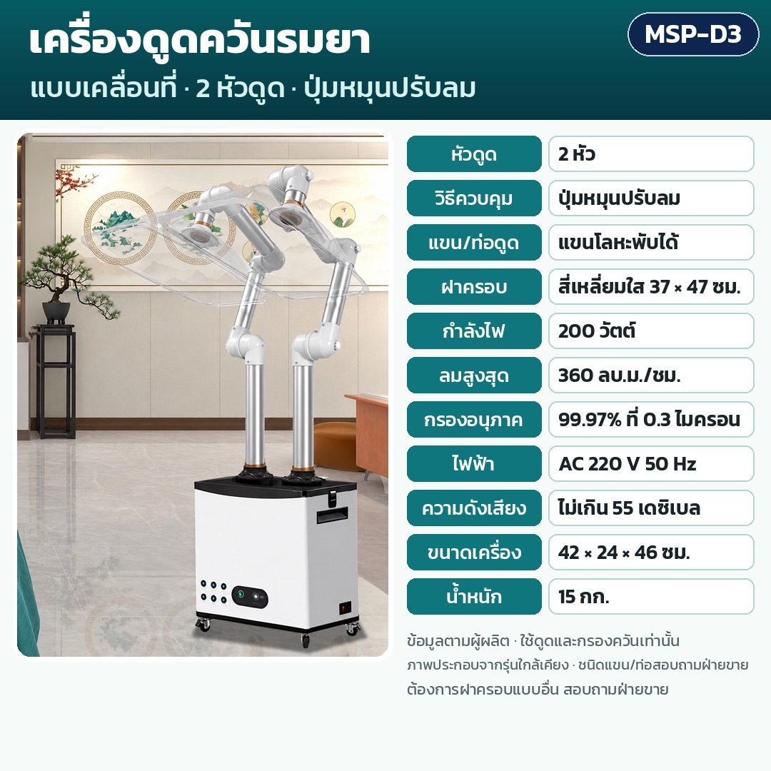 การ์ดรุ่น MSP-D3: เครื่องดูดควันรมยา 2 หัวดูด ควบคุมปุ่มหมุนปรับลม แขนโลหะพับได้ ฝาครอบ 37×47 ซม. กำลัง 200 วัตต์ ลมสูงสุด 360 ลบ.ม./ชม. กรอง 99.97% น้ำหนัก 15 กก. ขนาด 42×24×46 ซม.