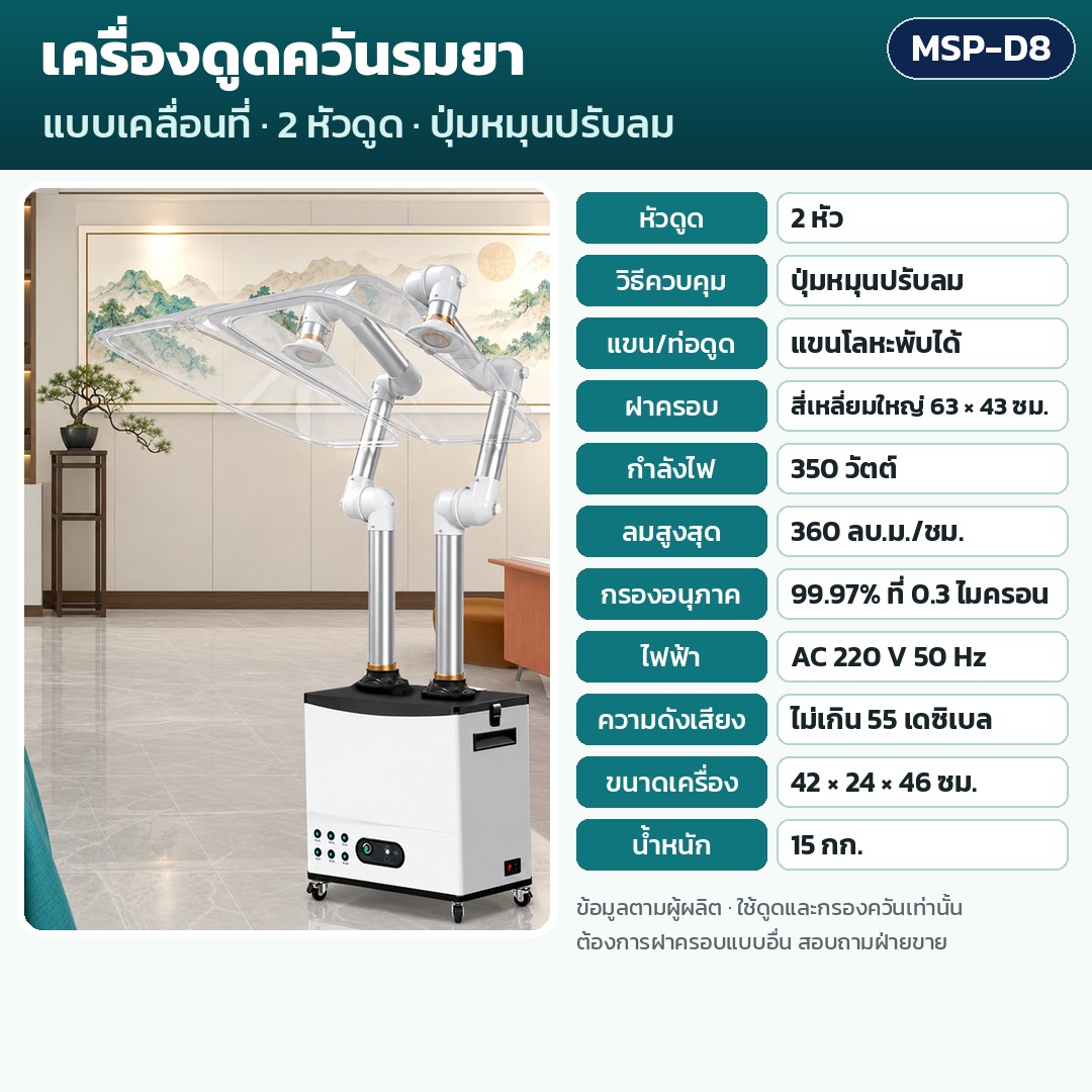การ์ดรุ่น MSP-D8: เครื่องดูดควันรมยา 2 หัวดูด ควบคุมปุ่มหมุนปรับลม แขนโลหะพับได้ ฝาครอบ 63×43 (ใหญ่) ซม. กำลัง 350 วัตต์ ลมสูงสุด 360 ลบ.ม./ชม. กรอง 99.97% น้ำหนัก 15 กก. ขนาด 42×24×46 ซม.