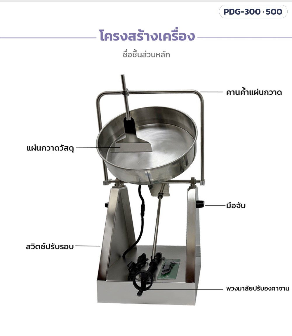 เครื่องปั้นเม็ดจานหมุนสแตนเลส PDG-300 / PDG-500 – โครงสร้างเครื่อง: คานค้ำแผ่นกวาด แผ่นกวาดวัสดุ มือจับ สวิตช์ปรับรอบ และพวงมาลัยปรับองศาจาน