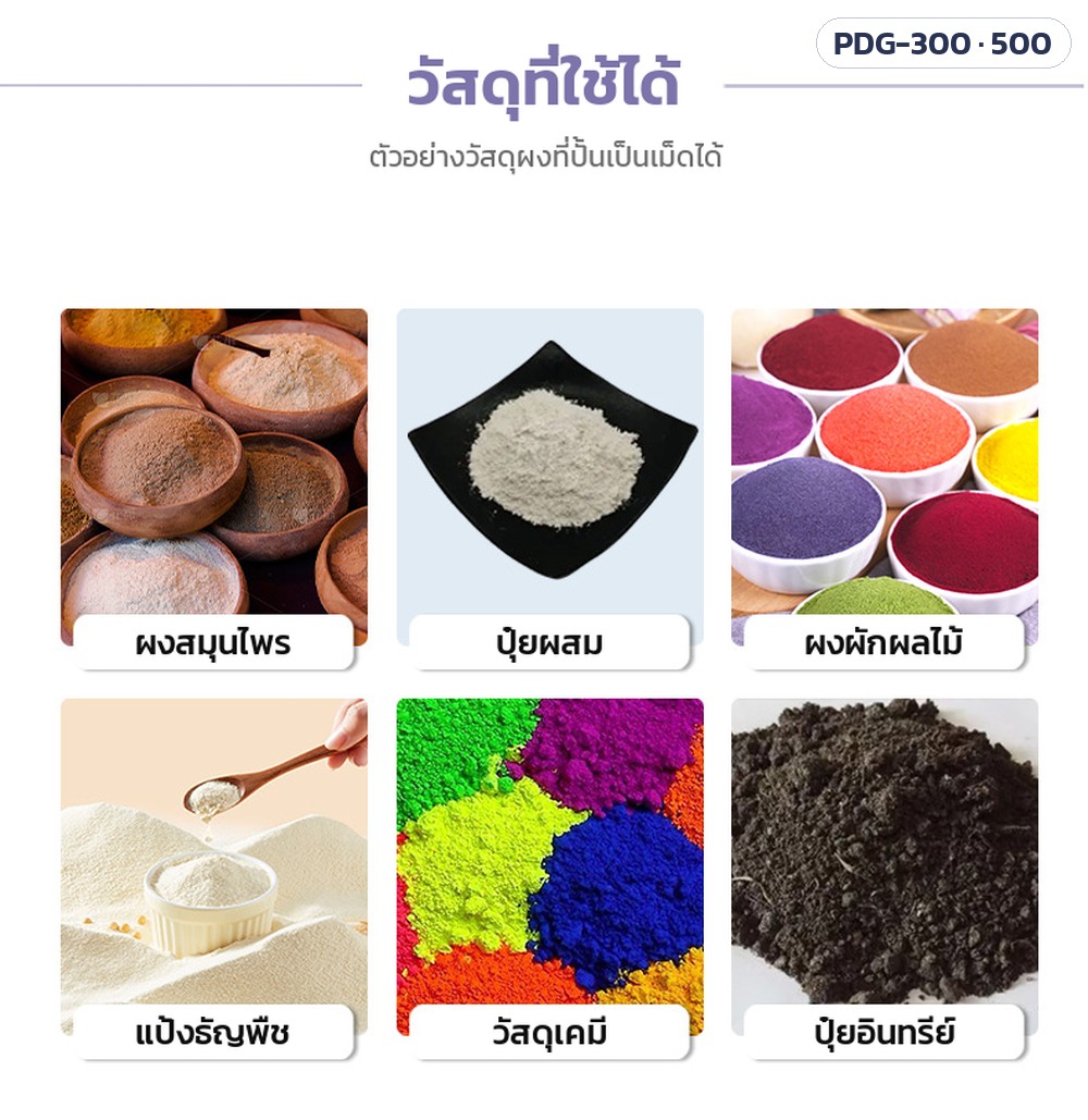เครื่องปั้นเม็ดจานหมุนสแตนเลส PDG-300 / PDG-500 – ตัวอย่างวัสดุผงที่ปั้นเป็นเม็ดได้: ผงสมุนไพร ปุ๋ยผสม ผงผักผลไม้ แป้งธัญพืช วัสดุเคมี ปุ๋ยอินทรีย์