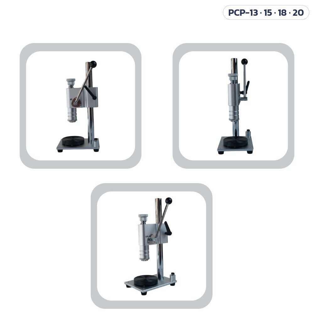 เครื่องย้ำปลอกฝา/กดหัวสเปรย์น้ำหอม มือโยก PCP-13 / 15 / 18 / 20 – ภาพเครื่อง 3 มุมมอง ด้านหน้า ด้านข้าง และมุมเฉียง (แท่นวางสีดำ ฐานสี่เหลี่ยมสีเงิน ขายางรองมุมฐาน)