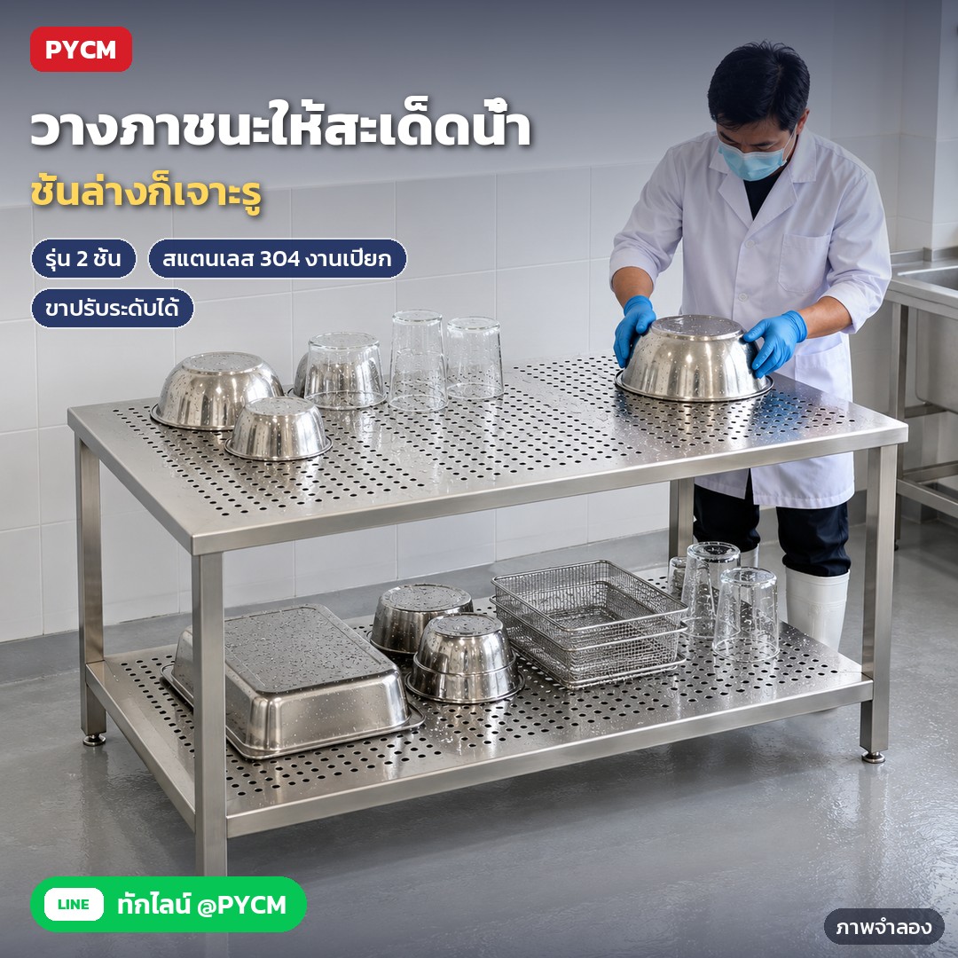 โต๊ะสแตนเลสแผ่นเจาะรู PWT สแตนเลส 201 / 304 ชั้นเดียว / 2 ชั้น – ภาพจำลองด้วย AI (ภาพประกอบ ไม่ใช่ภาพถ่ายจริง): รุ่น 2 ชั้น ชั้นล่างเป็นแผ่นเจาะรู ใช้วางภาชนะสแตนเลสและแก้วที่ล้างแล้วให้สะเด็ดน้ำในห้องแล็บ