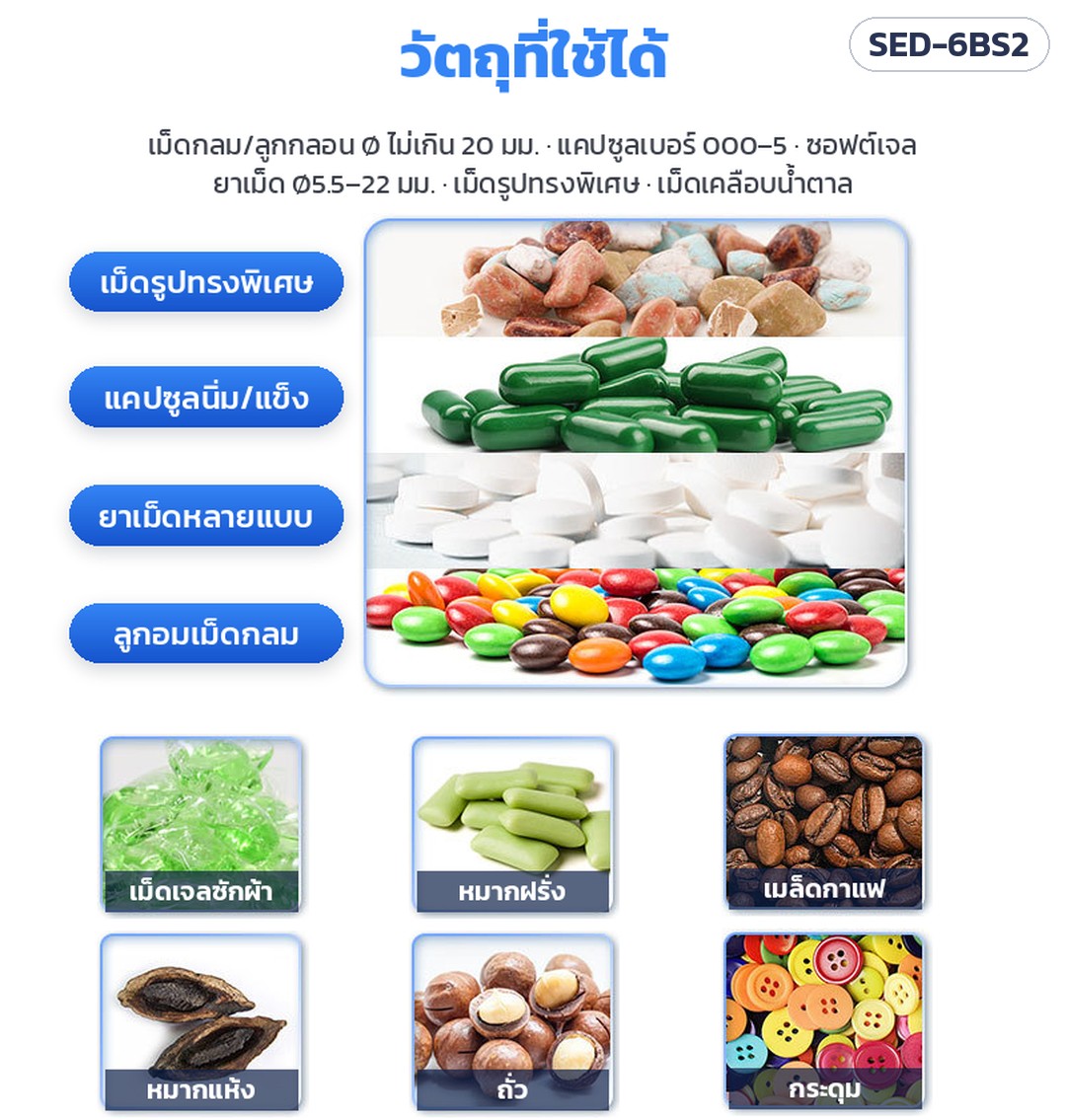 เครื่องนับเม็ดยา/แคปซูลกึ่งอัตโนมัติ 6 ช่อง 2 หัวลงขวด SED-6BS2 – วัตถุที่ใช้ได้: เม็ดรูปทรงพิเศษ แคปซูลนิ่ม/แข็ง ยาเม็ดหลายแบบ ลูกอมเม็ดกลม เม็ดเจลซักผ้า หมากฝรั่ง เมล็ดกาแฟ หมากแห้ง ถั่ว กระดุม (ตามภาพผู้ผลิต)