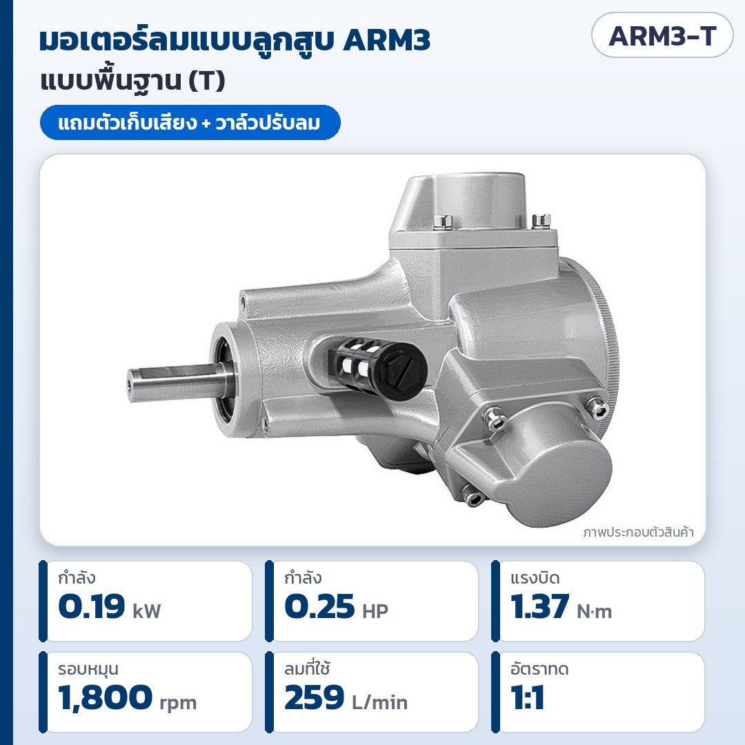 มอเตอร์ลมแบบลูกสูบ (Piston Air Motor) ARM1 / ARM3 / ARM5 / ARM6 / ARM7 0.13–1.2 แรงม้า ขับด้วยลมอัด ไม่ใช้ไฟฟ้า ปรับรอบได้ กลับทิศหมุนได้ แบบพื้นฐาน หน้าแปลนกลม แบบตั้ง แบบนอน (Pneumatic Air Motor)