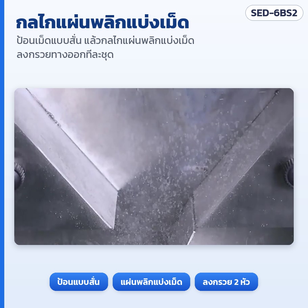 เครื่องนับเม็ดยา/แคปซูลกึ่งอัตโนมัติ 6 ช่อง 2 หัวลงขวด SED-6BS2 – ป้อนเม็ดแบบสั่น แล้วกลไกแผ่นพลิกแบ่งเม็ดลงกรวยทางออกทีละชุด (ภาพจากคลิปเครื่องจริง)